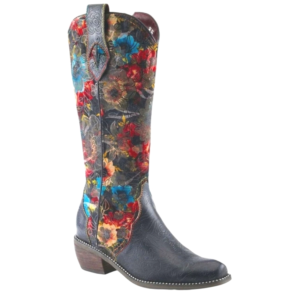 Rodeoqueen Leather Floral Print Velvet Studded Tall Western Boots ..Sz.37(6.5-7)
